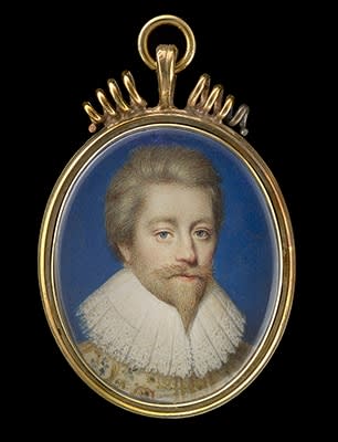 John Hoskins the Elder, Portrait miniature of a Gentleman, wearing doublet embroidered with coloured flowers, gold braid and buttons, falling lace ruff, grey hair and beard, blue background, c. 1620