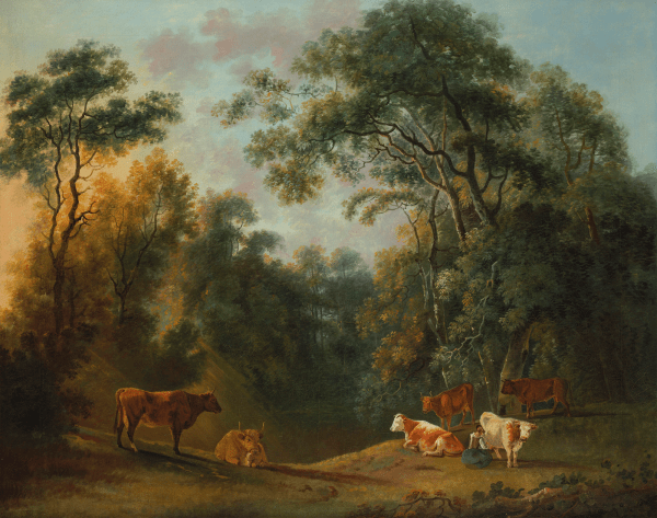 George Barret Sr. RA, A Wooded Landscape with a Milkmaid and Cattle