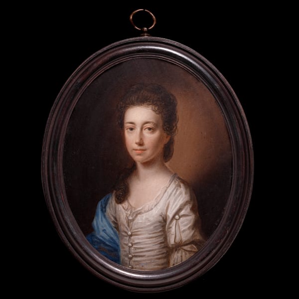 English School, Catherine Pawson (nee Fairfax) (1701-1767), wearing white dress, slashed at her sleeve to reveal white chemise, white buttons to her bodice and sleeve, blue stole draped over her right arm, her hair upswept and falling before her right shoulder, c. 1730