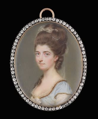 John Smart, Portrait miniature of a Lady, wearing white satin dress under a blue overdress edged with fur and lace, a bow at her corsage, her upswept hair dressed with pearls and tulle, 1774