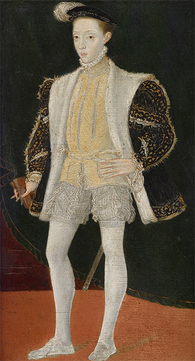 Circle of Francois Clouet, Portrait probably Charles III, Duke of Lorraine (1543-1608), standing full length before a dark green curtain, wearing slashed doublet and hose, his gloves in his hand, c. 1552