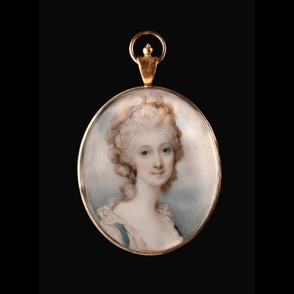 Richard Cosway RA, Anne Sawbridge (née Stephenson), wearing white dress, the sleeves with blue ribbon trim, matching blue ribbon in her curled and powdered hair., c. 1775