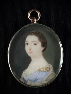 John Smart, A portrait miniature of Frances, Lady Neave (née Bristow) (d. 1830) wearing mauve dress with gold trim and shoulder fringe over white underslip, her white stole draped about her, her dark hair upswept and dressed with a strand of pearls, 1761