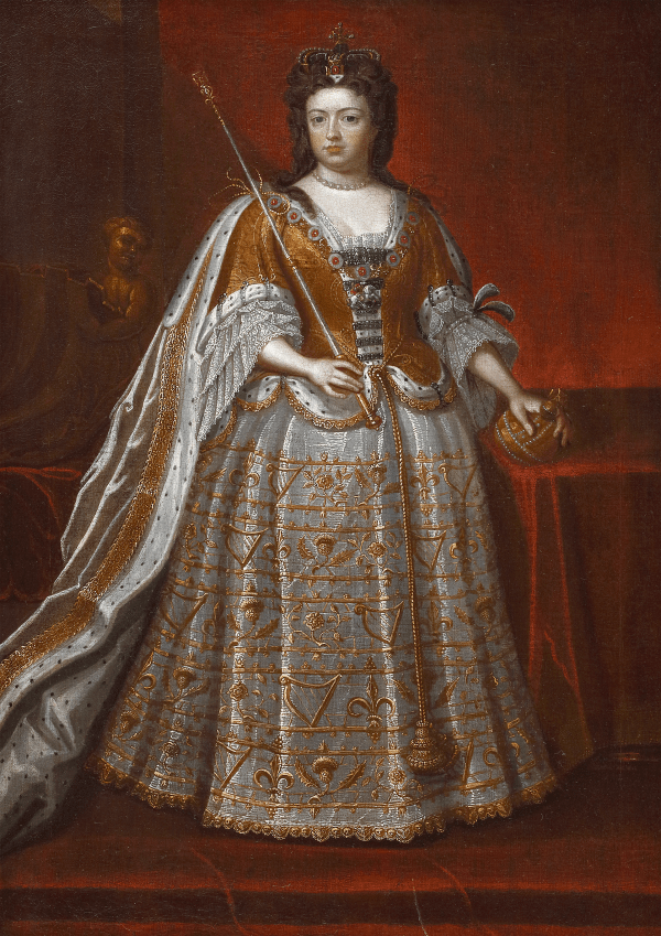 After Sir Godfrey Kneller Bt., Portrait of Queen Anne, full length in robes, holding the orb and sceptre, c. 1703