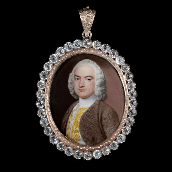Jean André Rouquet, Portrait enamel of a Gentleman, wearing brown coat over white waistcoat embroidered with gold thread, powdered wig, c. 1740
