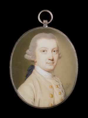 John Smart, Portrait miniature of Joseph Reinagle, wearing cream coat with gold buttons, matching waistcoat, white lace cravat and powdered wig worn en queue, 1767