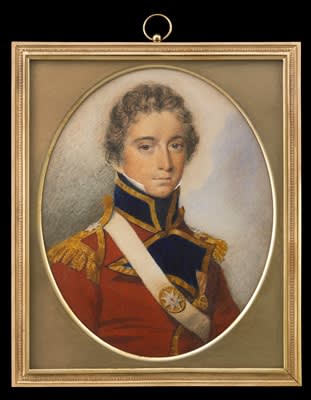 George Engleheart, Portrait miniature of Lt.-Col. George Collier (d. 1814) of the Coldstream Guards, wearing scarlet coat with gold epaulettes, white cross belt with metal belt plate, and an unidentified medal, early 19th century