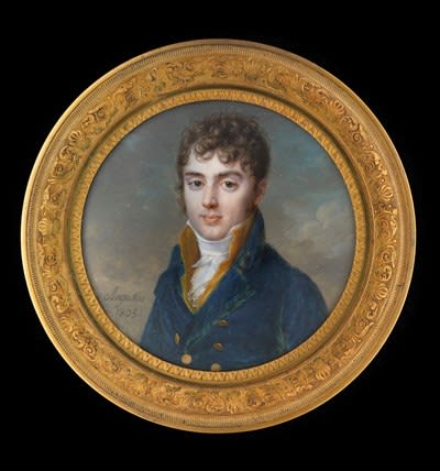 Jean-Baptiste Jacques Augustin, Portrait miniature of Anne-Ferdinand-Louis de Berthier, Comte de Sauvigny (1782-1864), wearing blue coat with brass buttons, ochre waistcoat and white stock, 1805