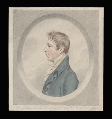 John Smart, Portrait drawing of John Dighton (1793-1810), wearing blue jacket with brass buttons over yellow waistcoat and white cravat, the portrait set into a drawn surround, 1810