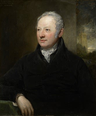 John Jackson, Portrait of John Bridge (1755-1834), with Piddletrenthide Church in the background, early 19th century