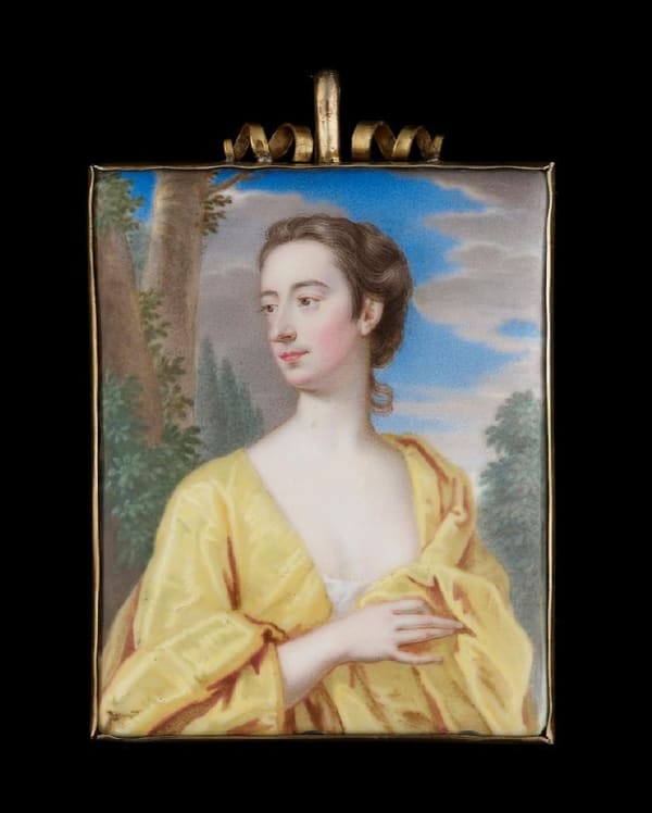 Christian Friedrich Zincke, Portrait enamel of a Lady in yellow, c. 1710-5