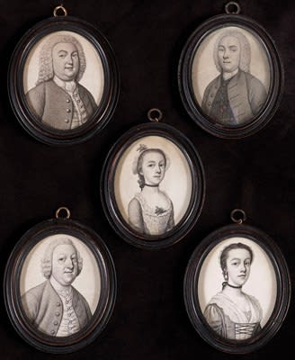 James Ferguson, Five plumbago portrait miniatures depicting members of the ‘Fuller’ and ‘Symonds’ families, mid 18th century