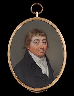 John Smart, Portrait miniature of Sir Robert Wigram, 1st Baronet of Wexford (1743-1830), wearing grey-brown double-breasted jacket with gilt buttons over a white waistcoat and cravat, 1800