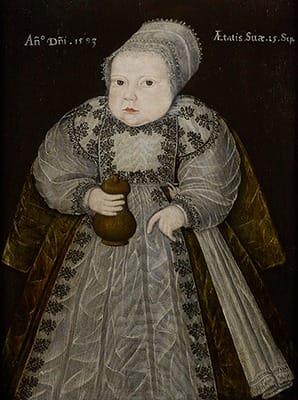 English School, Portrait of a Baby aged fifteen weeks, holding a Wooden Feeding Bottle, 1593