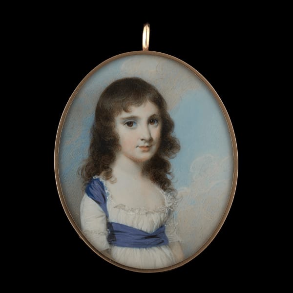 George Engleheart miniature portrait of A Young Girl, possibly a Miss Ross, wearing a white dress in 1785 currently for sale at Philip mould & company