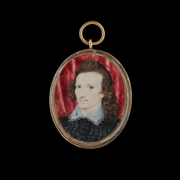 Nicholas Hilliard, An unknown gentleman, wearing black doublet and white lace collar, against a red curtain background, c. 1595