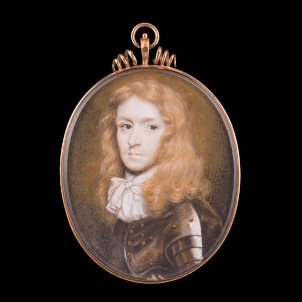 Richard Gibson, Portrait miniature of a Young Gentleman wearing plate armour comprised of cuirass and spaulders secured with gilt rivets, elaborately tied with linen cravat, c. 1650-90