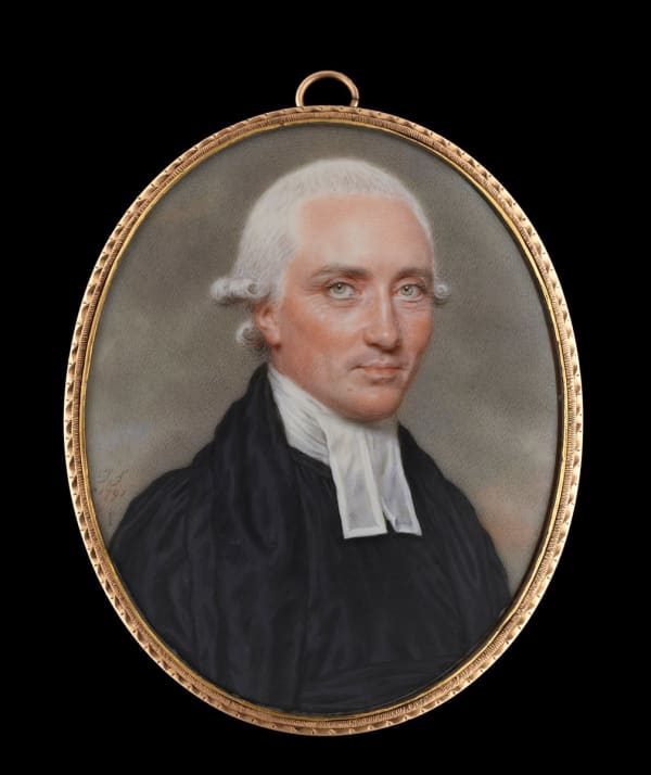John Smart, Portrait miniature of a Chaplain, probably Archdeacon Richard Leslie (1748-1804), wearing black robes and white bands, his hair powdered, 1791