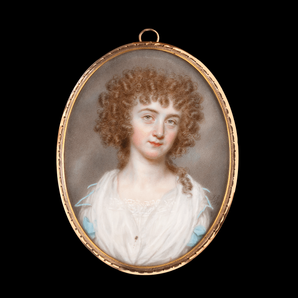 John Smart, A young Lady, wearing white dress with turquoise trim, her white fichu with mourning pin, 1789