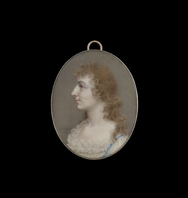 John Smart Jr., Sophia Dighton (née Smart) (1770-93), in profile, wearing dress with frilled lace border and blue ribbon trim, 1797