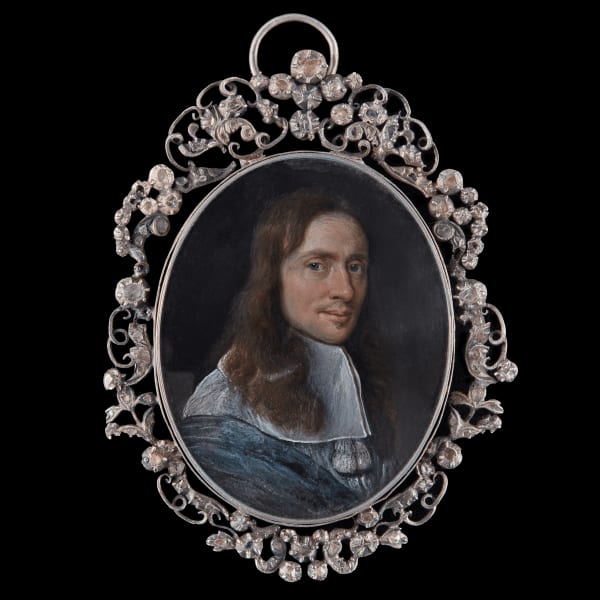 Duch School miniature portrait of a Gentleman in grey jacket in c. 1660 currently for sale at Philip mould & company