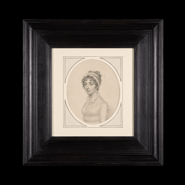 Framed regency drawing of Frances Chambers wearing a frilled collar by artist John Smart