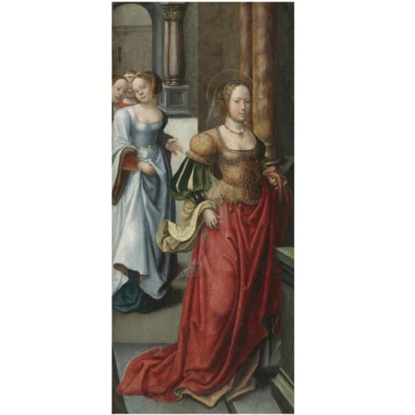 Flemish School, Female Saint in a porticoed interior with female attendants behind, 16th century