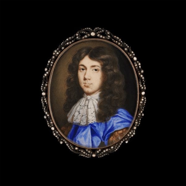 Richard Gibson Miniature portrait of a gentleman in blue painted in 1670 currently for sale at Philip mould & company