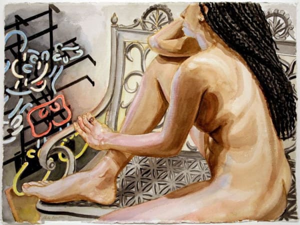 Philip Pearlstein, Model with Mickey Mouse on Iron Bench, 2007