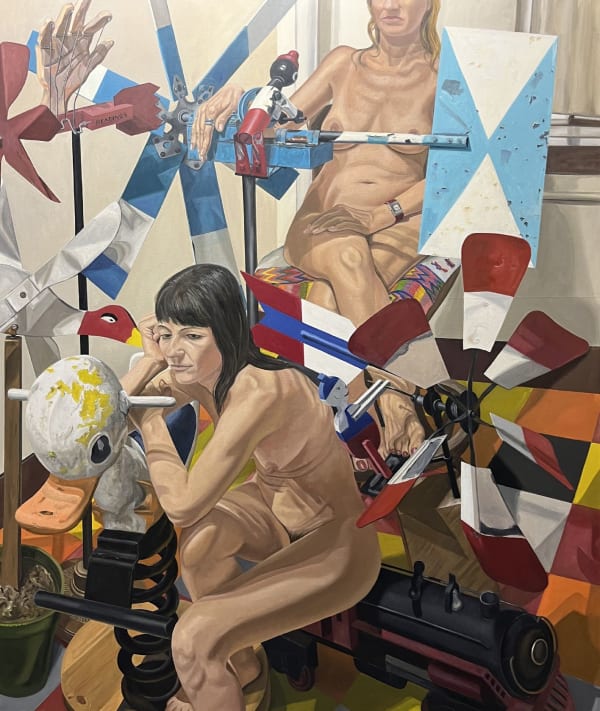 Philip Pearlstein, Two Models with Four Whirligigs, Bouncy Duck and Locomotive, 2008