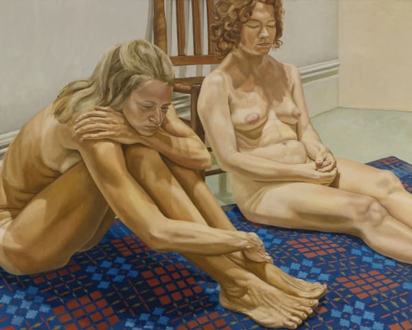 Philip Pearlstein, Two Female Models Sitting on a Blue Homespun Quilt Coverlet, 1971