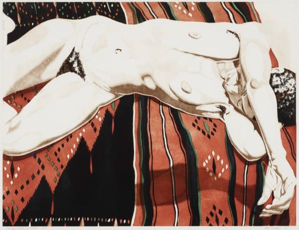 Philip Pearlstein, Nude Lying on Black and Red Blanket, 1974