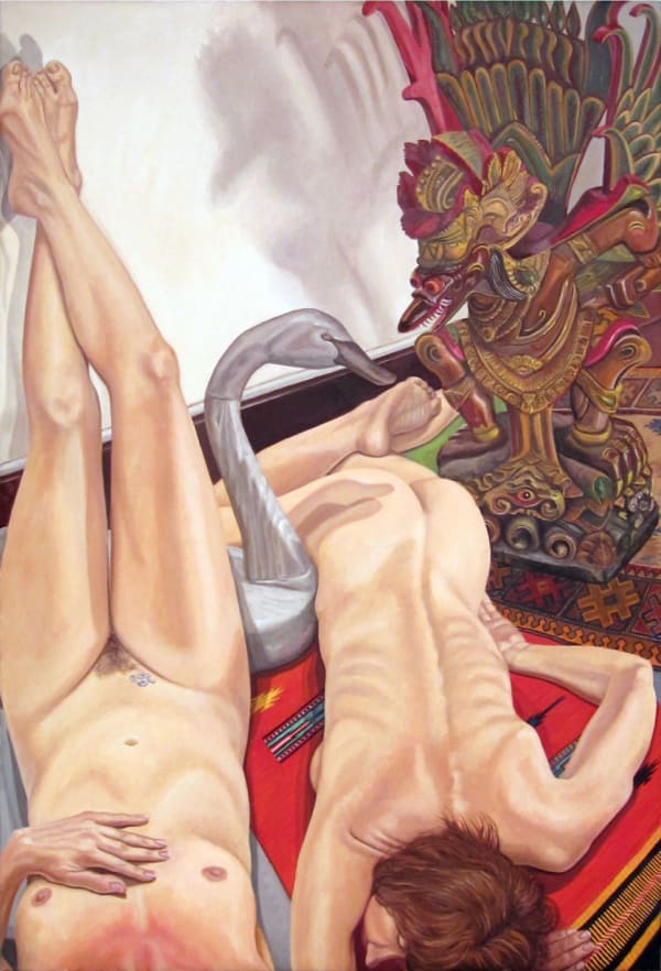 Philip Pearlstein, Two Models with Swan Decoy and Carved Garuda Figure, 2013