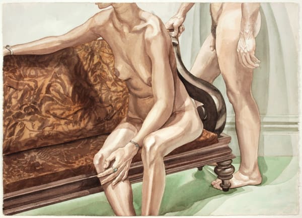 Philip Pearlstein, Seated Female Model and Standing Male Model with Crushed Velvet Sofa, 1975