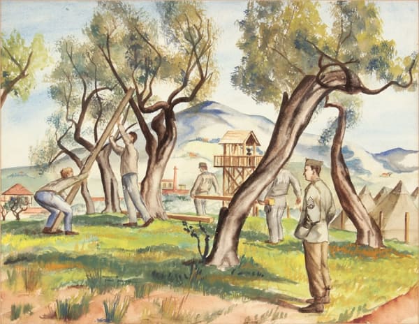 Philip Pearlstein, Livornor, Italy (Soldiers and PW Building Camp), 1946