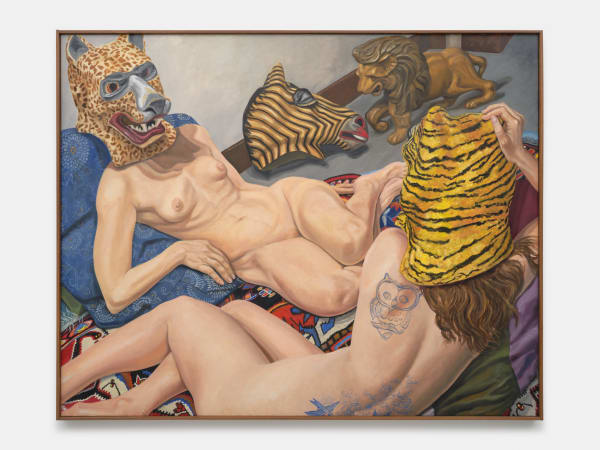 Philip Pearlstein, Two Models with Three Masks and Carousel Lion, 2015