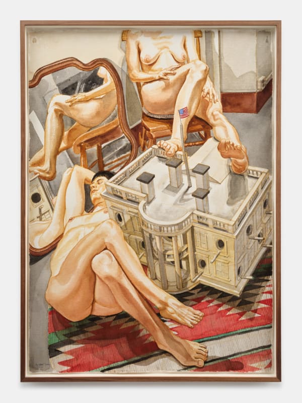 Philip Pearlstein, Two Female Models with Whitehouse as Birdhouse, 2000
