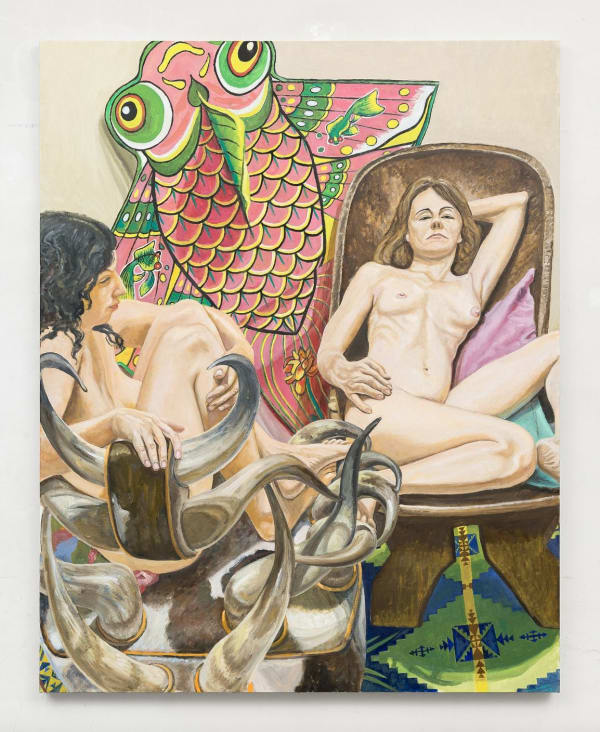 Philip Pearlstein, Model on Horn Chair and Model on African Birth Chair on Navajo Rug with Fish Kite, 2018