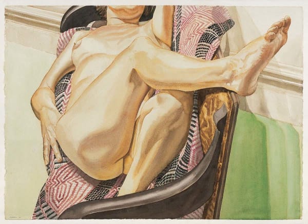 Philip Pearlstein, Female Model Reclining on Red and Black American Bedspread, 1976