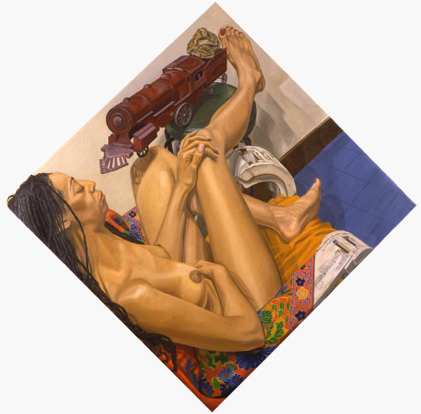 Philip Pearlstein, Model on Lawn Chair with Tin Toy Locomotive, 2003