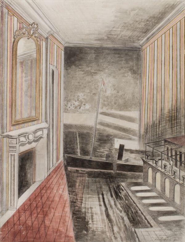 surreal interior watercolour painting by Paul Nash
