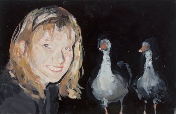 Geraldine Swayne, Self portrait with two gossipy birds, 2019