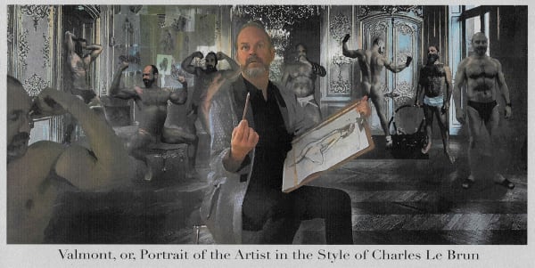Brandin Barón Valmont, or, Portrait of the Artist in the Style of Charles le Brun (Silver Screen), 2023 Silkscreen and digital overlay on parchment with acrylic ink and enamel , print 1/1 35.6 x 45.7 cm (incl. frame) 14 x 18 in (incl. frame)