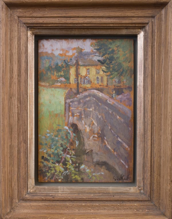 Oil painting of a landscape with a bridge and house by Walter Sickert