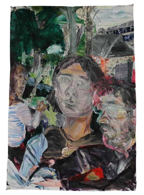 Paul Patrick Fenner Self Portrait with Margaret and Alice and a Stone Wall, 2023 oil on paper 75 x 52 cm 29 1/2 x 20 1/2 in