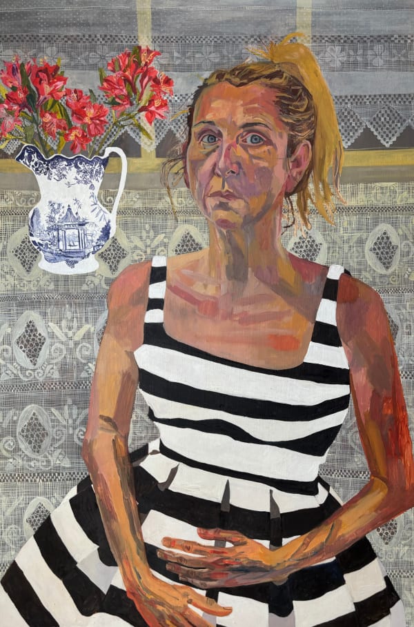 Halla Groves-Raines The Birthday Party (Halla age 47, striped dress, alstroemerias), 2025 Oil on board 91 x 60 x 10 cm 35 7/8 x 23 5/8 x 4 in