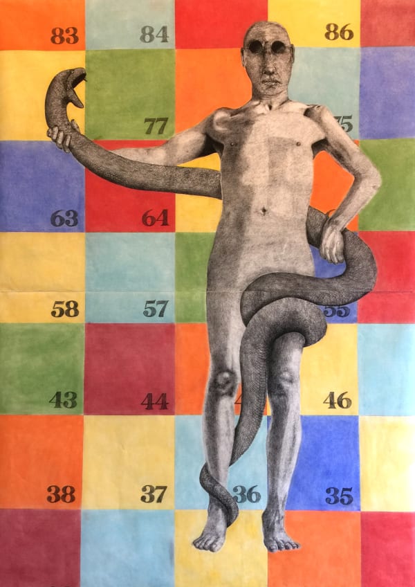 Adrian Baynes The Artist Wresling A Snake, 2022 Conte & pastel 196 x 145 cm 77 1/8 x 57 1/8 in