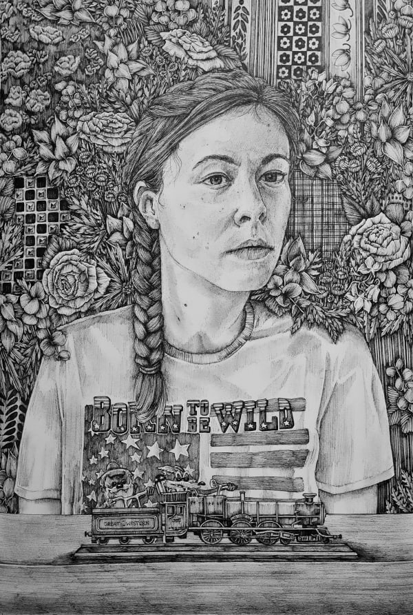Olivia Kemp Self Portrait With A Train, 2022 Ink on paper 51 x 38.5 cm 20 1/8 x 15 1/8 in