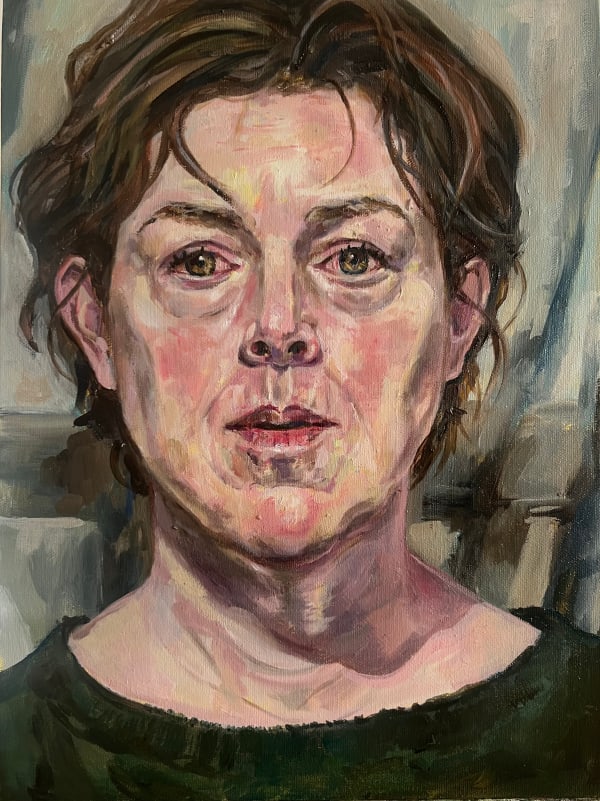 Lisa Langan Self portrait with green jumper, 2025 Oil paint 41 x 31 x 0.3 cm 16 1/8 x 12 1/4 x 1/8 in