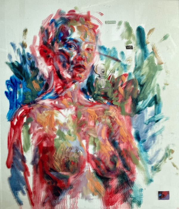 Hannah Fine-Vernier Self-portrait as a Degenerate Artist, 2025 Oil and collage on plexiglass 70 x 60 x 0.5 cm 27 1/2 x 23 5/8 x 1/4 in